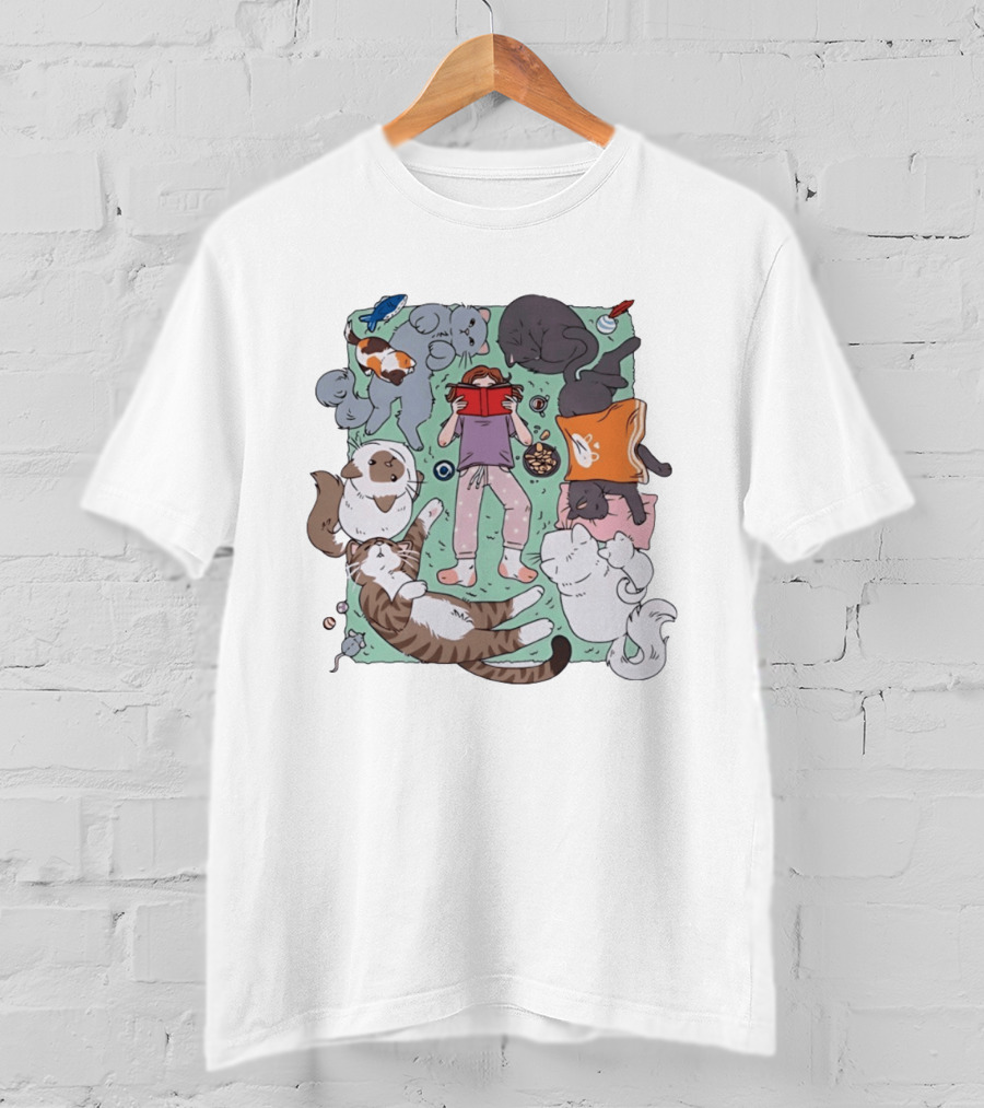 Girl Reading A Book With Cats Around Her Cat Lover T-Shirt
