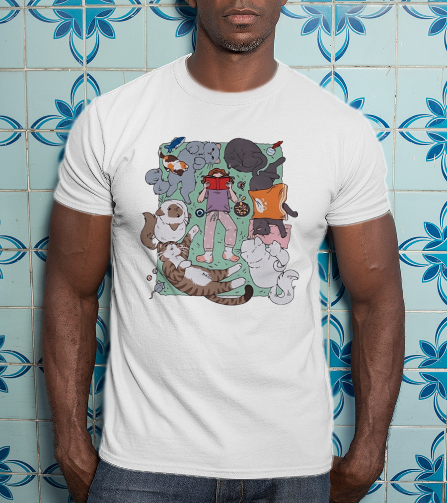 Girl Reading A Book With Cats Around Her Cat Lover T-Shirt