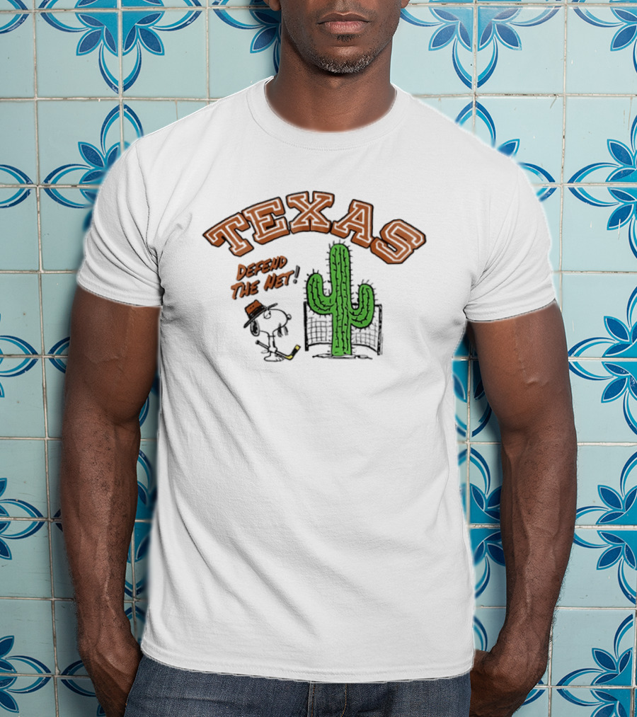 Texas Peanuts Snoopy Defend The Net Hockey Cactus T-Shirt