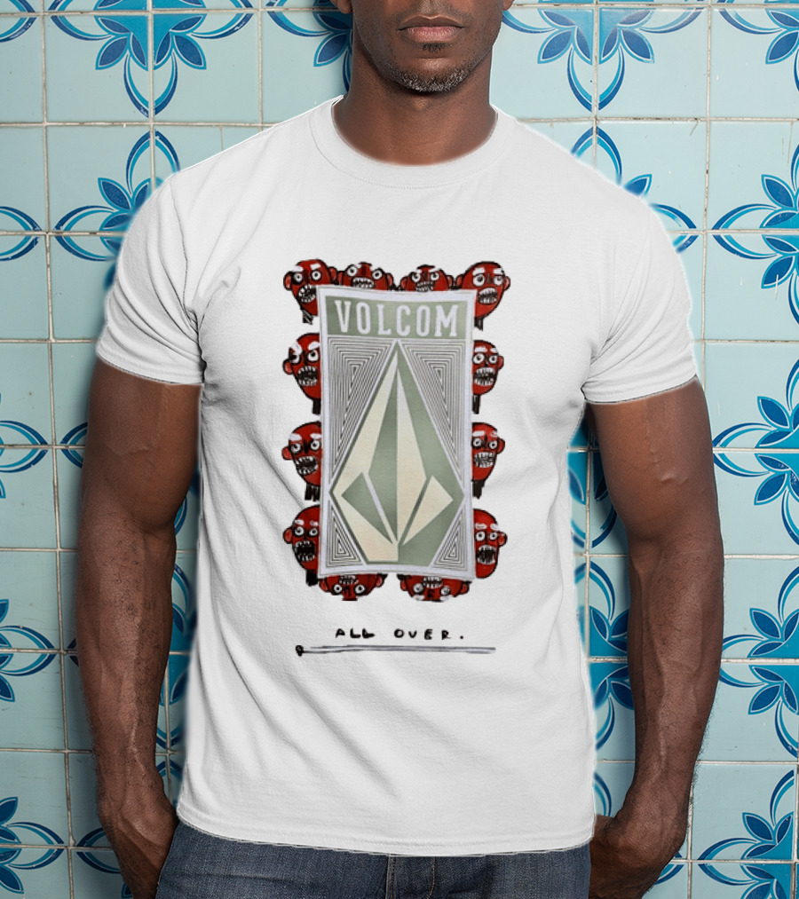 Volcom All Over Streetwear Skateboarding With Red Skull Faces T-Shirt