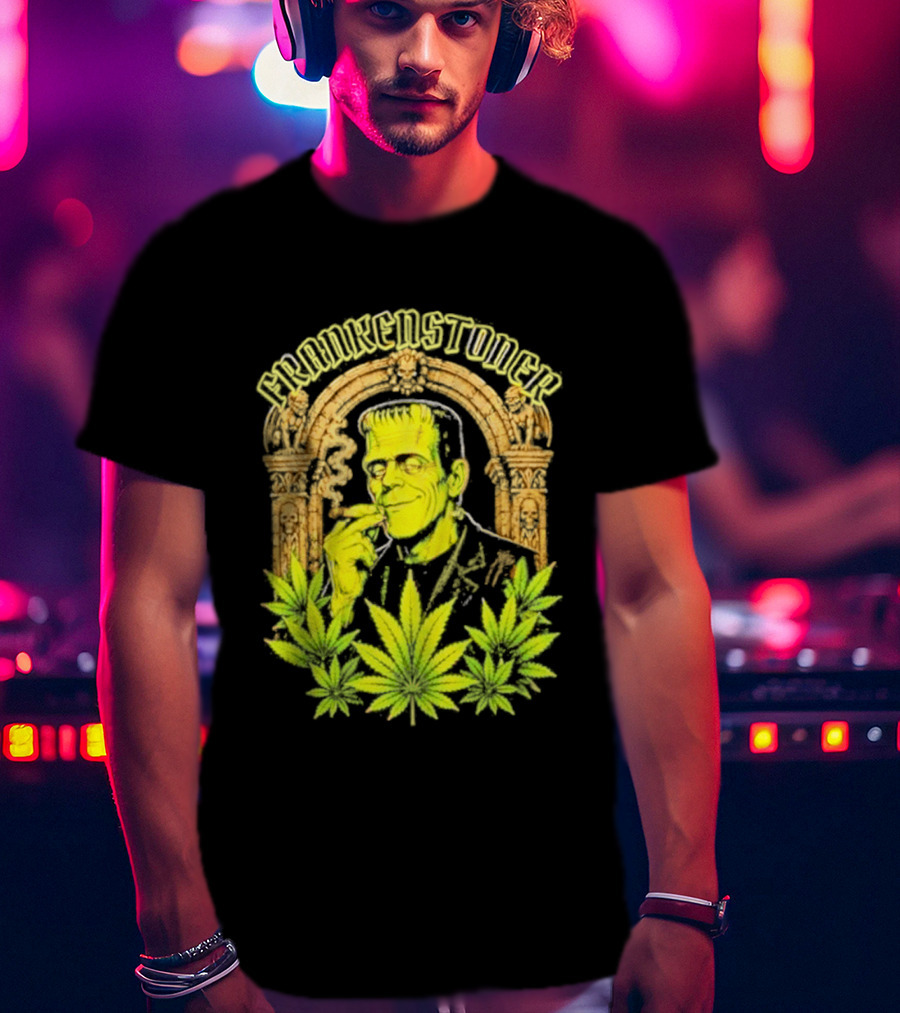 Frankenstoner Frankenstein Marijuana Smoking Arch Skulls T-Shirt