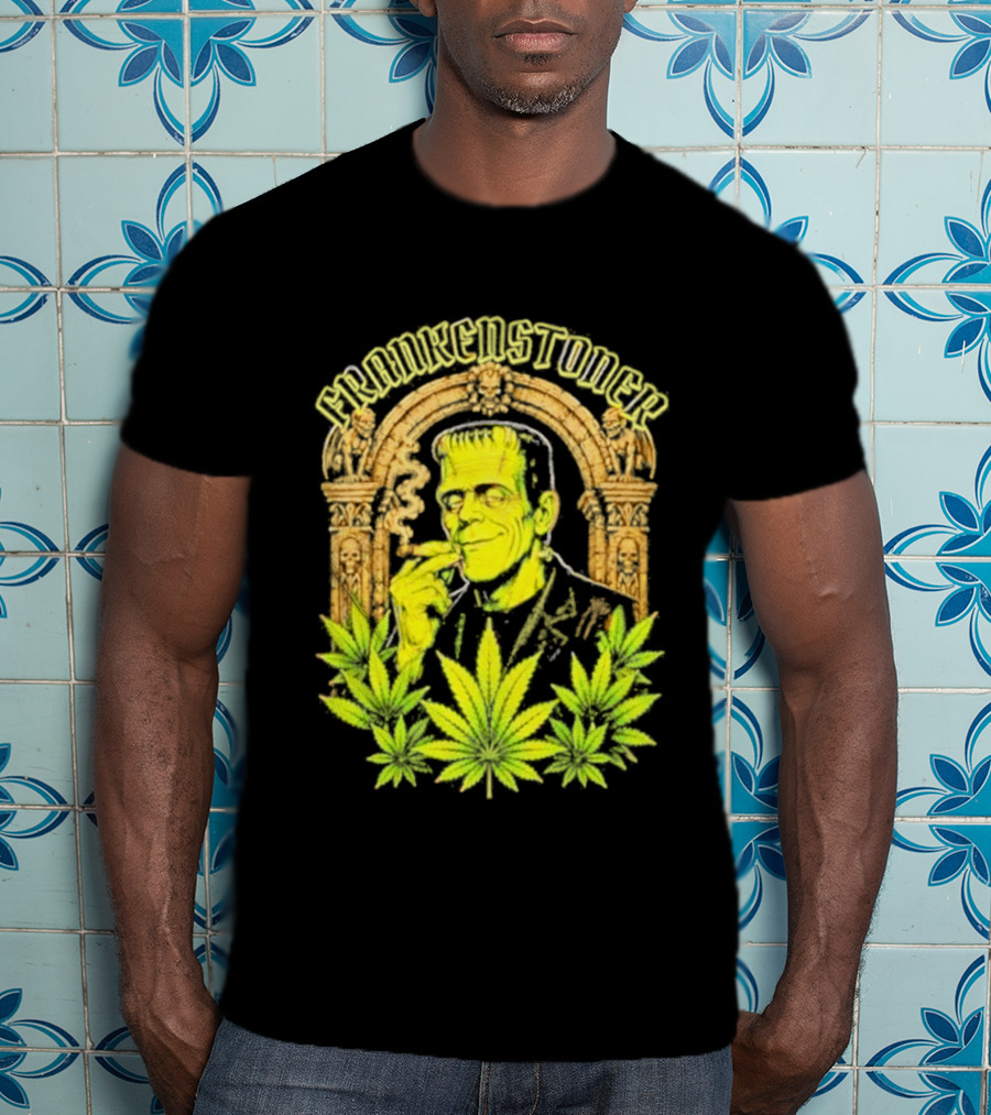 Frankenstoner Frankenstein Marijuana Smoking Arch Skulls T-Shirt