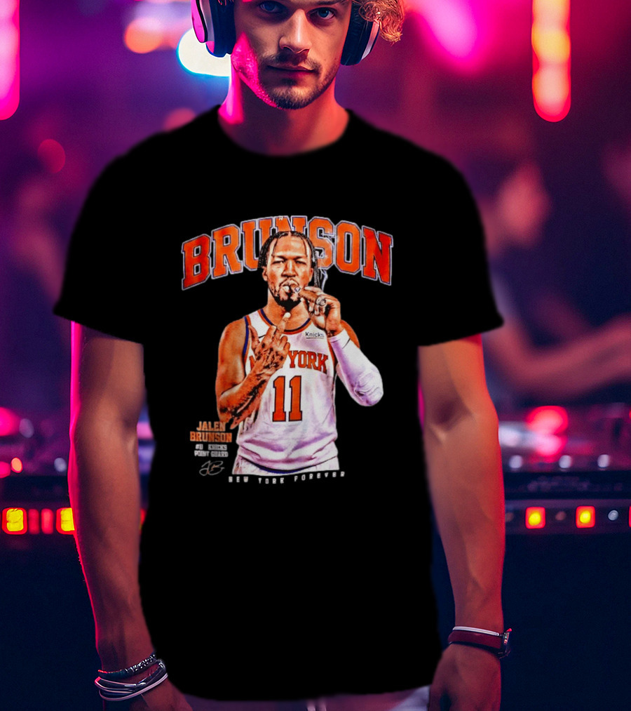 Jalen Brunson Middle Finger New York Knicks NBA Point Guard Brunson 11 Old Yolk Records Knicks T-Shirt