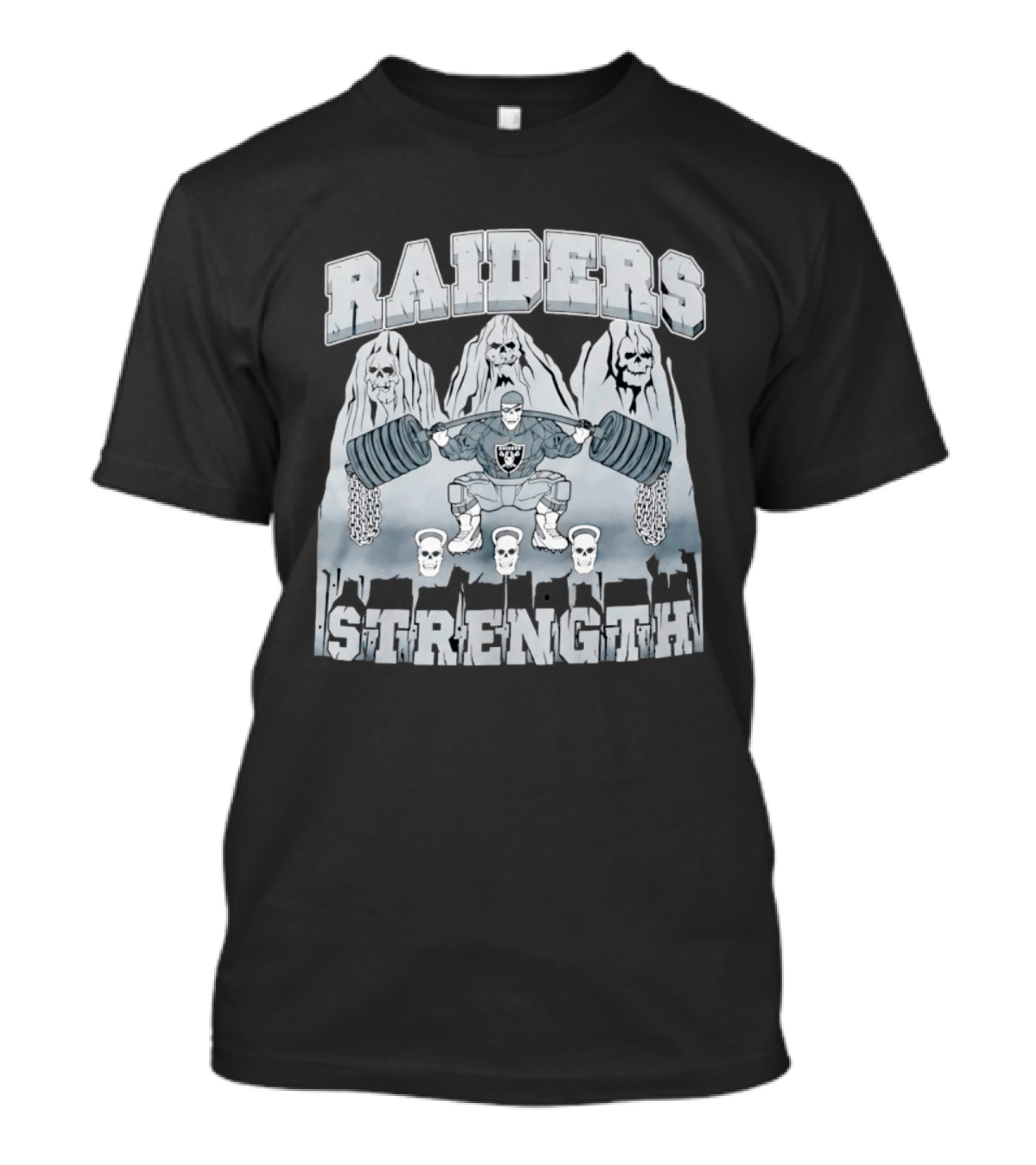 Raiders Strength Skull Weightlifter Grunge Style Powerlifting Motif T-Shirt