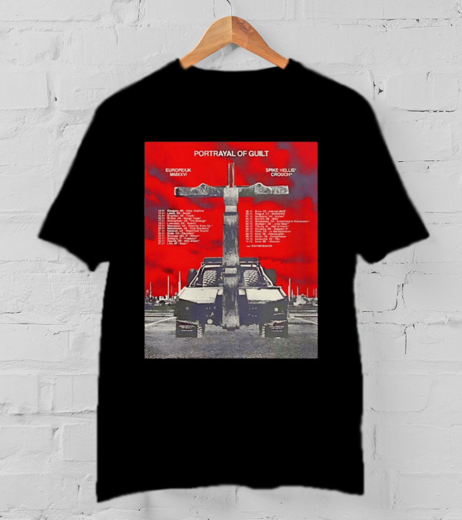 Portrayal Of Guilt Europe UK MMXXVI Spike Hellis Crouch Oathbreaker Tour Dates Tire Tracks Industrial Red T-Shirt