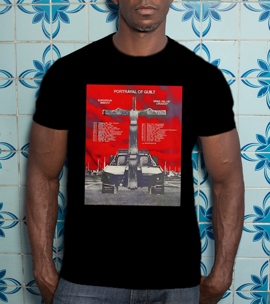 Portrayal Of Guilt Europe UK MMXXVI Spike Hellis Crouch Oathbreaker Tour Dates Tire Tracks Industrial Red T-Shirt