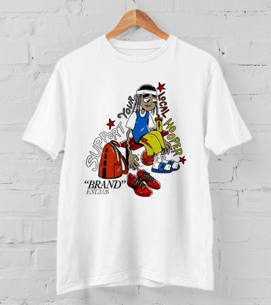 Support Your Local Hooper Cartoon Basketball Player Backpack Red Shoes Brand Est 2026 T-Shirt