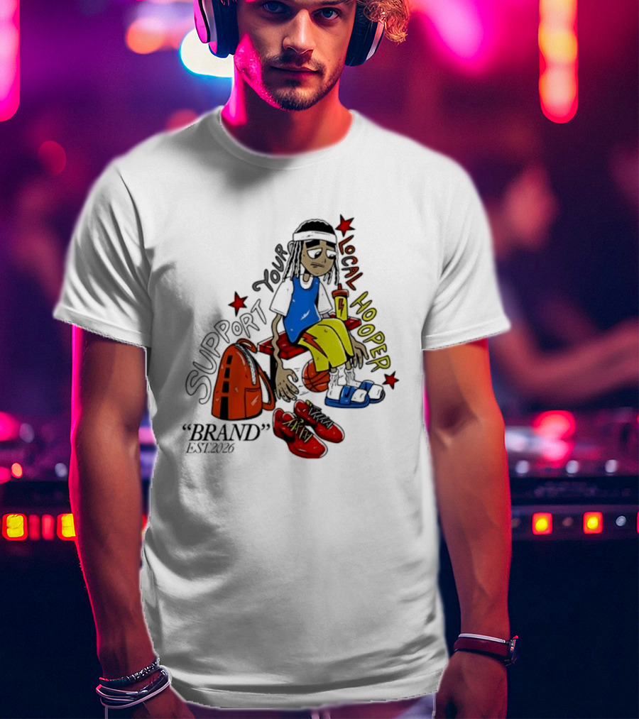 Support Your Local Hooper Cartoon Basketball Player Backpack Red Shoes Brand Est 2026 T-Shirt