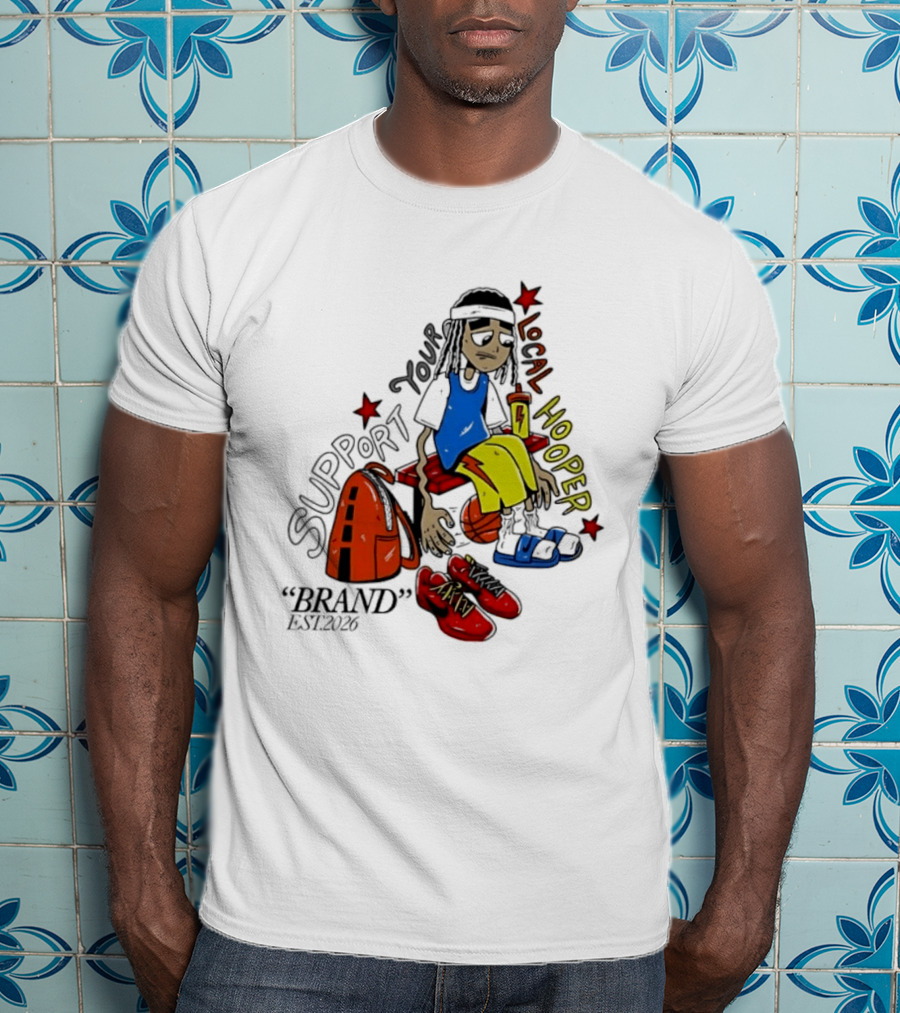 Support Your Local Hooper Cartoon Basketball Player Backpack Red Shoes Brand Est 2026 T-Shirt