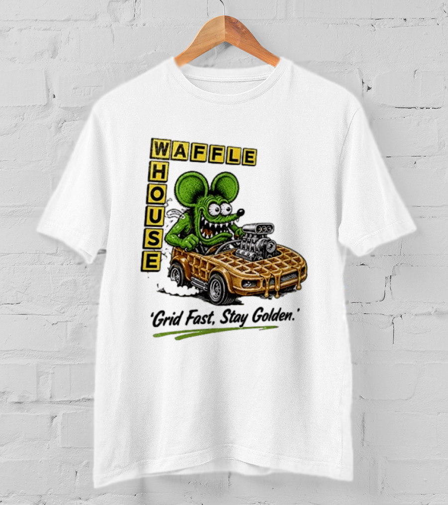 Rat Fink Waffle House Grid Fast Stay Golden Car Racer T-Shirt