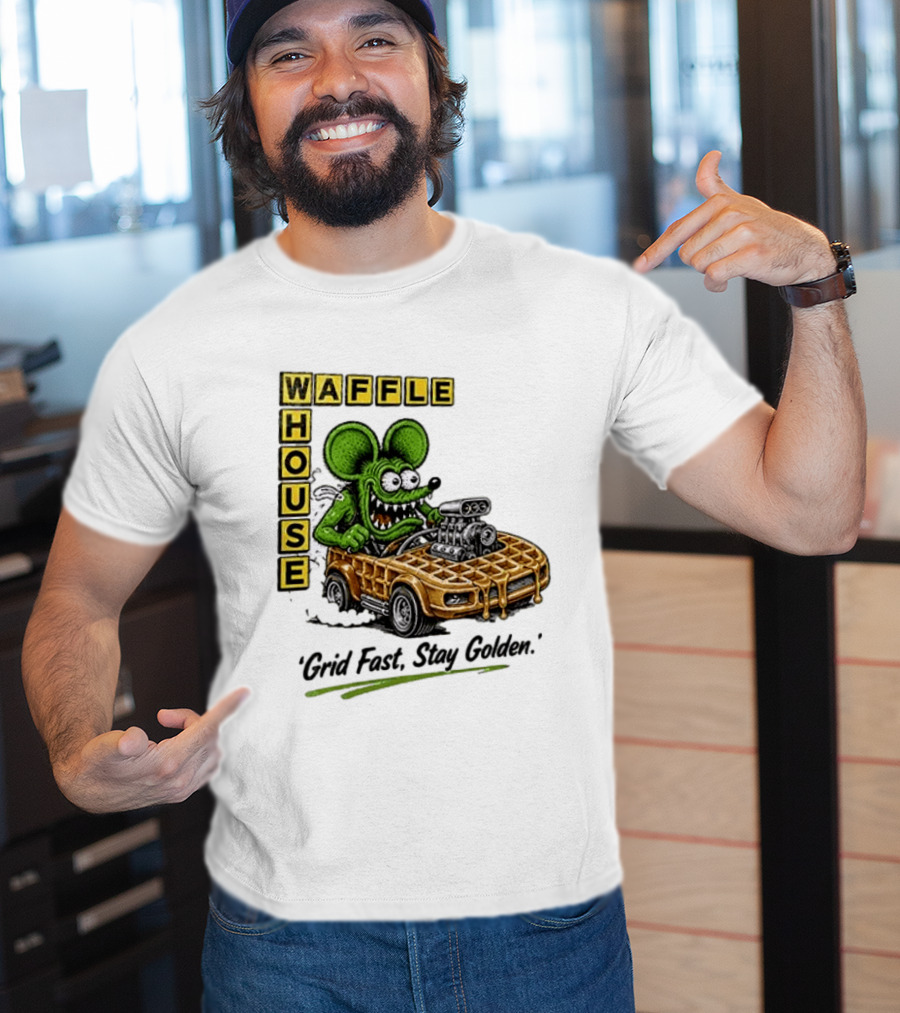 Rat Fink Waffle House Grid Fast Stay Golden Car Racer T-Shirt