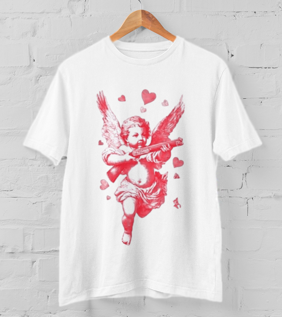 Red Pink Cherub Cupid Shotgun Hearts Clouds T-Shirt