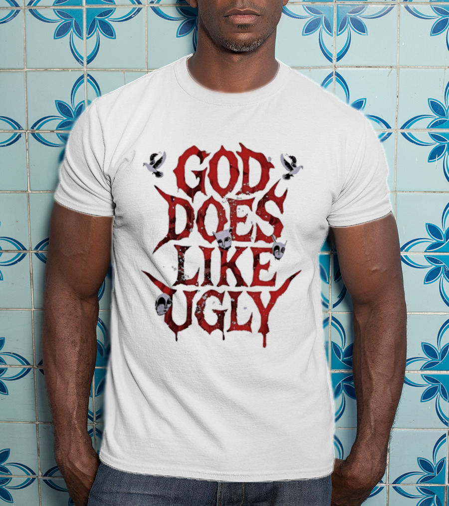 God Does Like Ugly Streetwear Edgy Red Text With Skulls And Butterflies T-Shirt