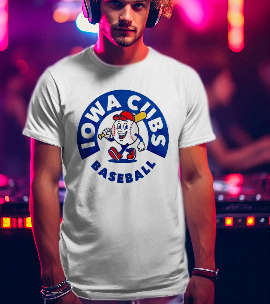Iowa Cubs MLB Baseball Cartoon Walking Ball Bat Red Cap T-Shirt