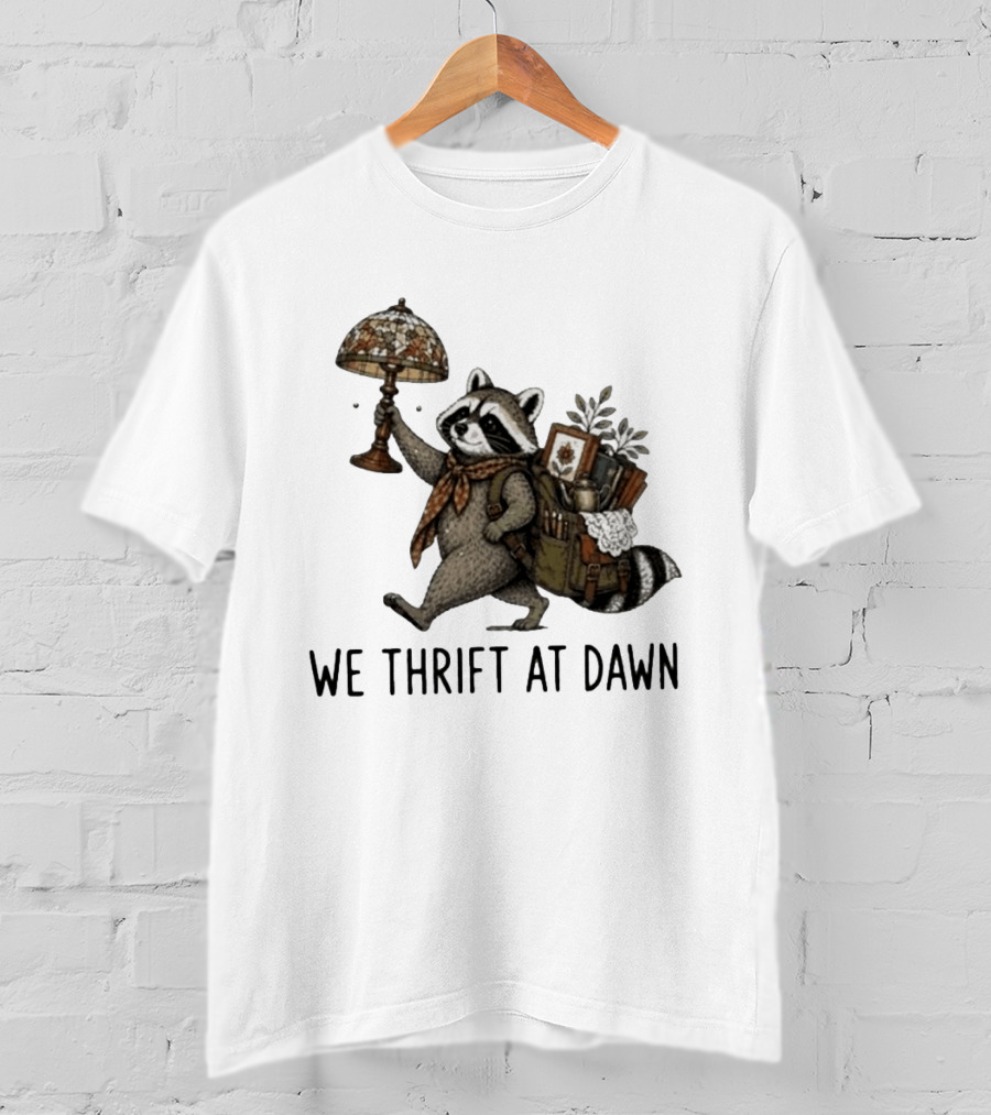 Raccoon With Backpack And Lamp We Thrift At Dawn T-Shirt