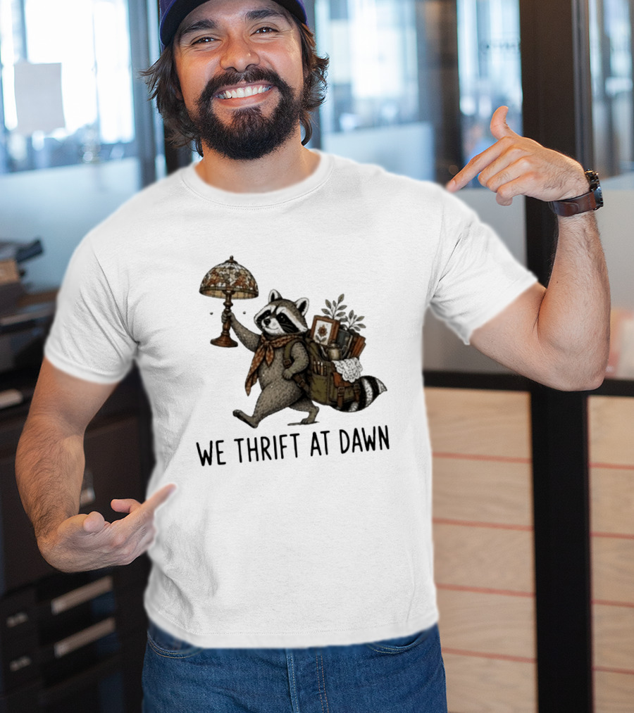 Raccoon With Backpack And Lamp We Thrift At Dawn T-Shirt