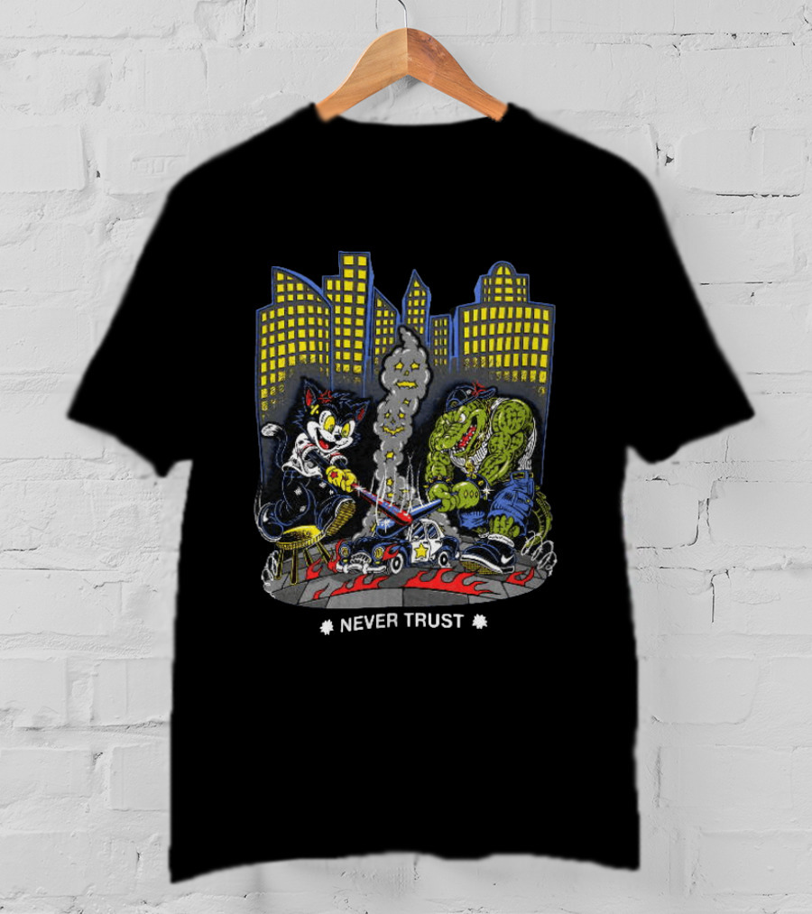 Cat And Crocodile In City Never Trust Police Car Cartoon Scene T-Shirt