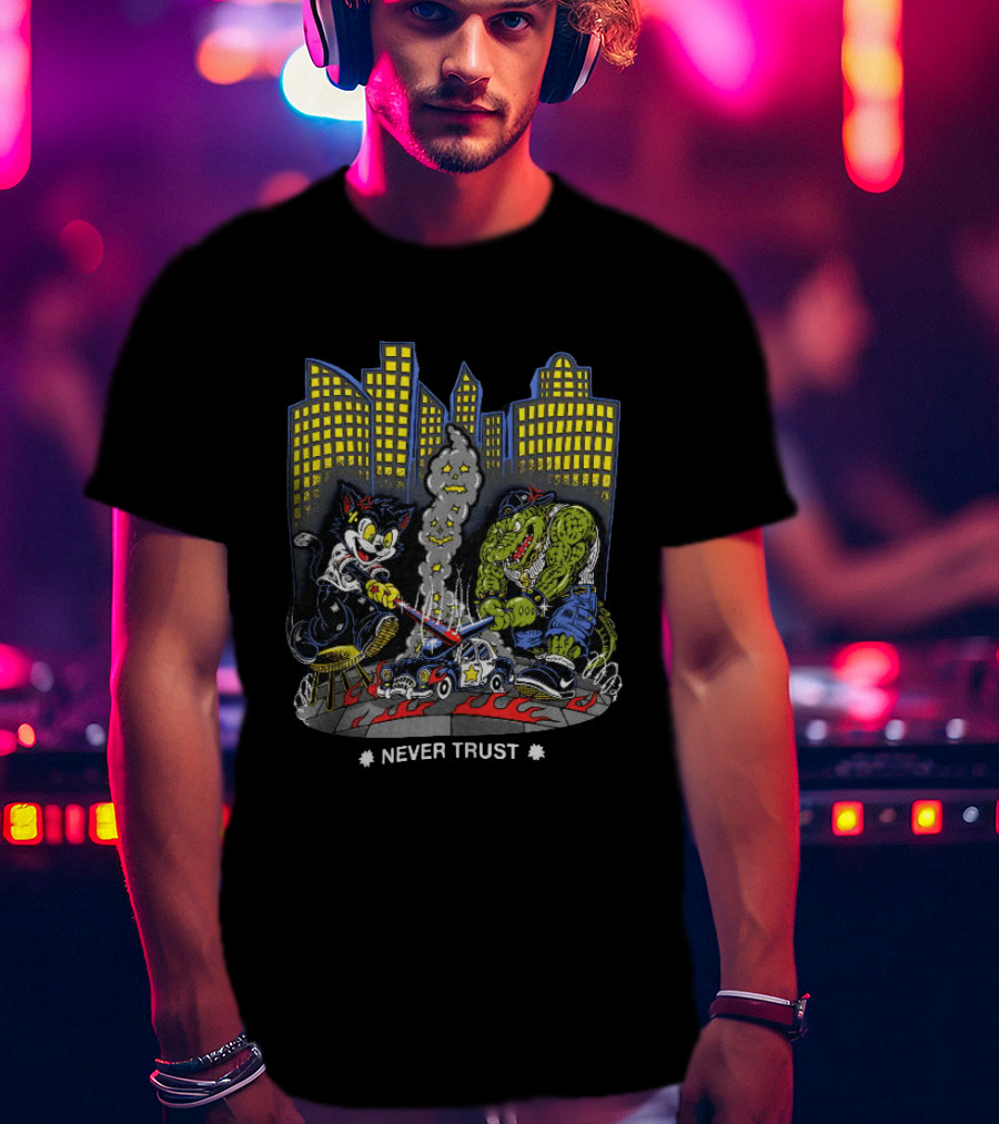 Cat And Crocodile In City Never Trust Police Car Cartoon Scene T-Shirt