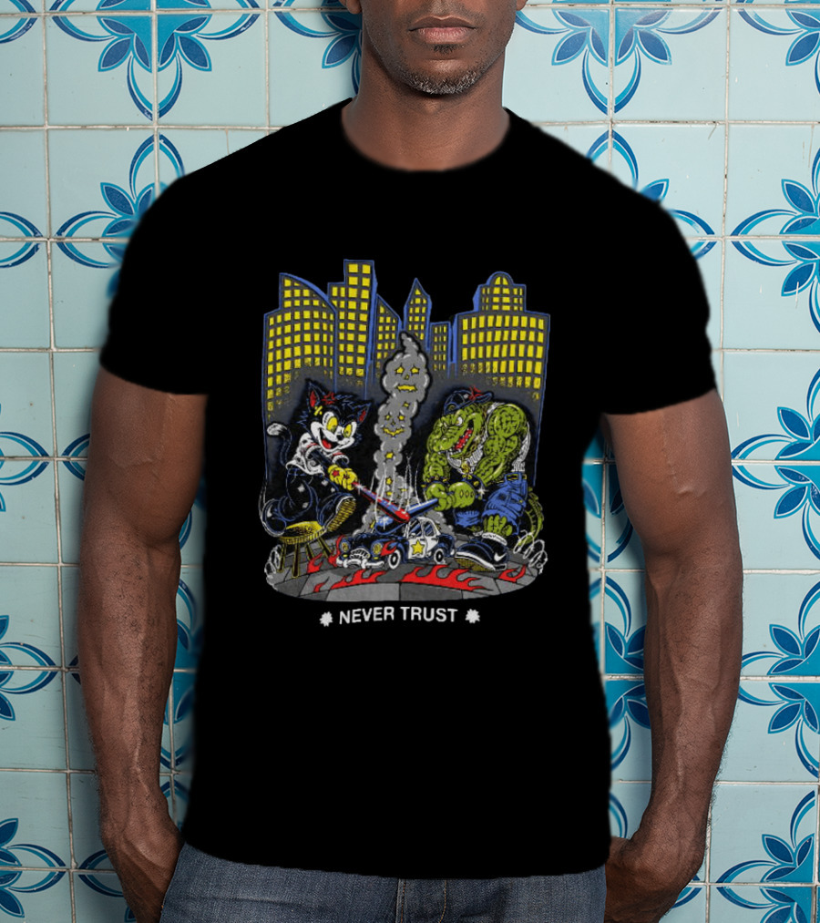 Cat And Crocodile In City Never Trust Police Car Cartoon Scene T-Shirt