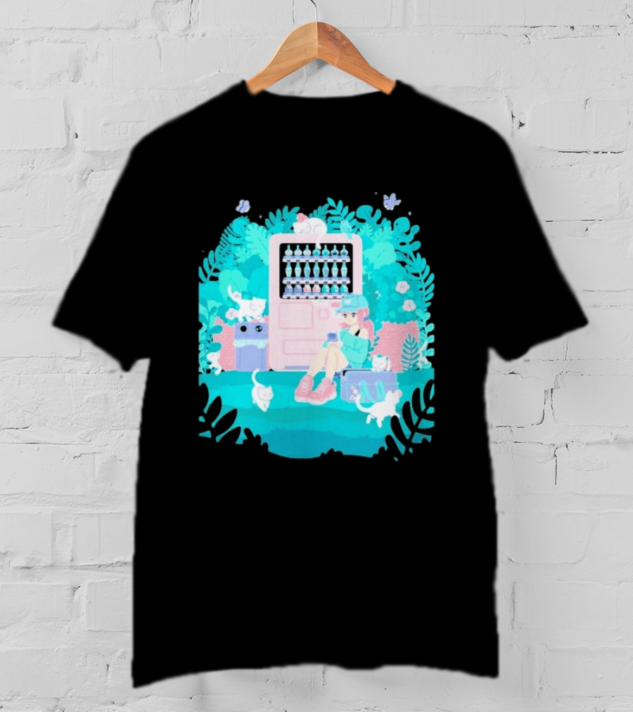 Cat Vending Machine Pastel Aesthetic With Sitting Girl And Cats T-Shirt