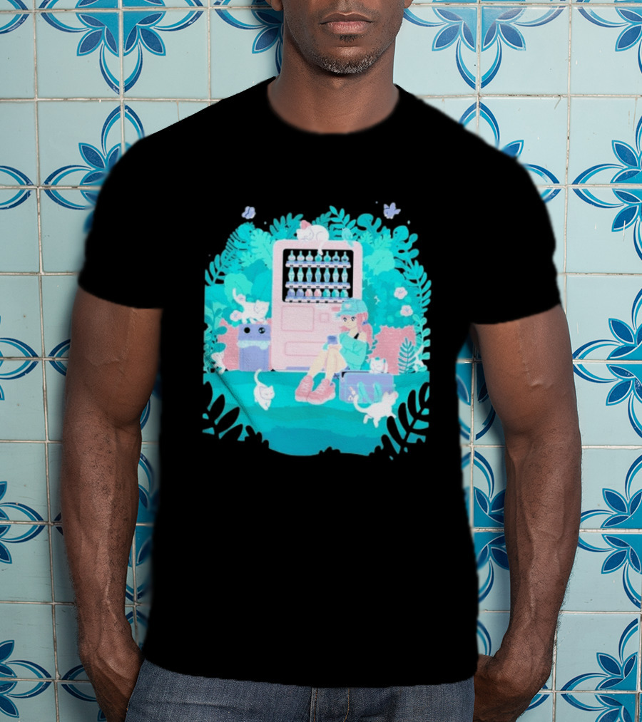 Cat Vending Machine Pastel Aesthetic With Sitting Girl And Cats T-Shirt