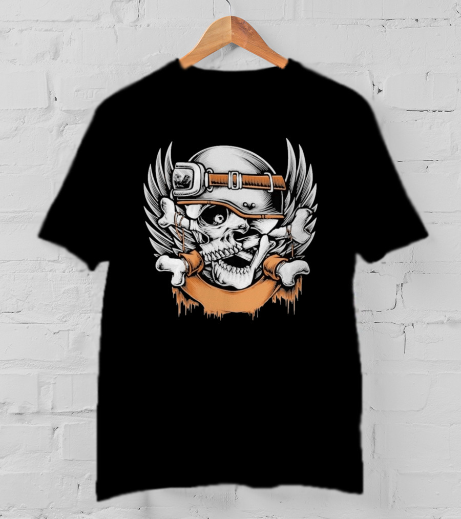 Skull With Helmet Winged Bones Biker Motif T-Shirt