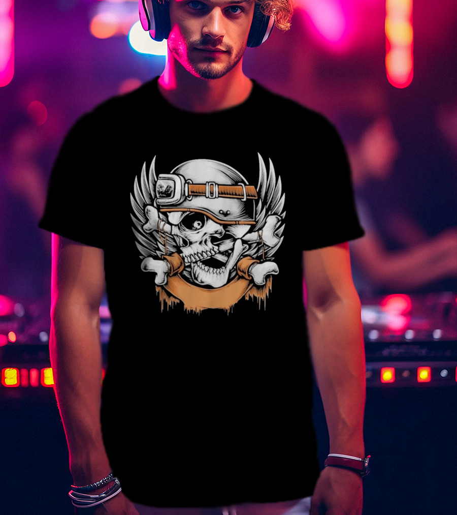 Skull With Helmet Winged Bones Biker Motif T-Shirt