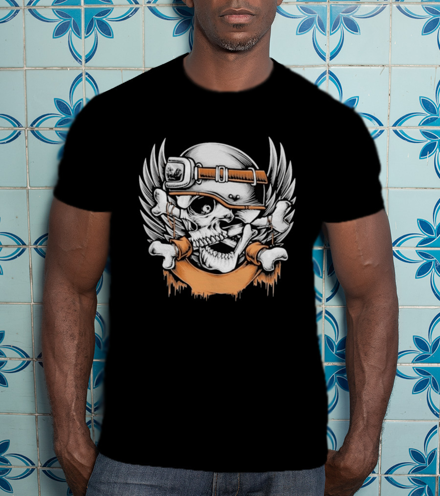 Skull With Helmet Winged Bones Biker Motif T-Shirt
