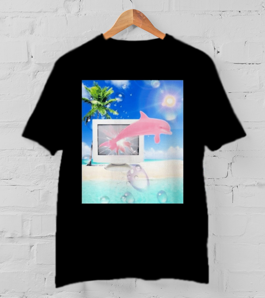 Frutiger Aero Y2k Vaporwave Palm Tree Pink Dolphin Cyberpunk Aesthetic T-Shirt