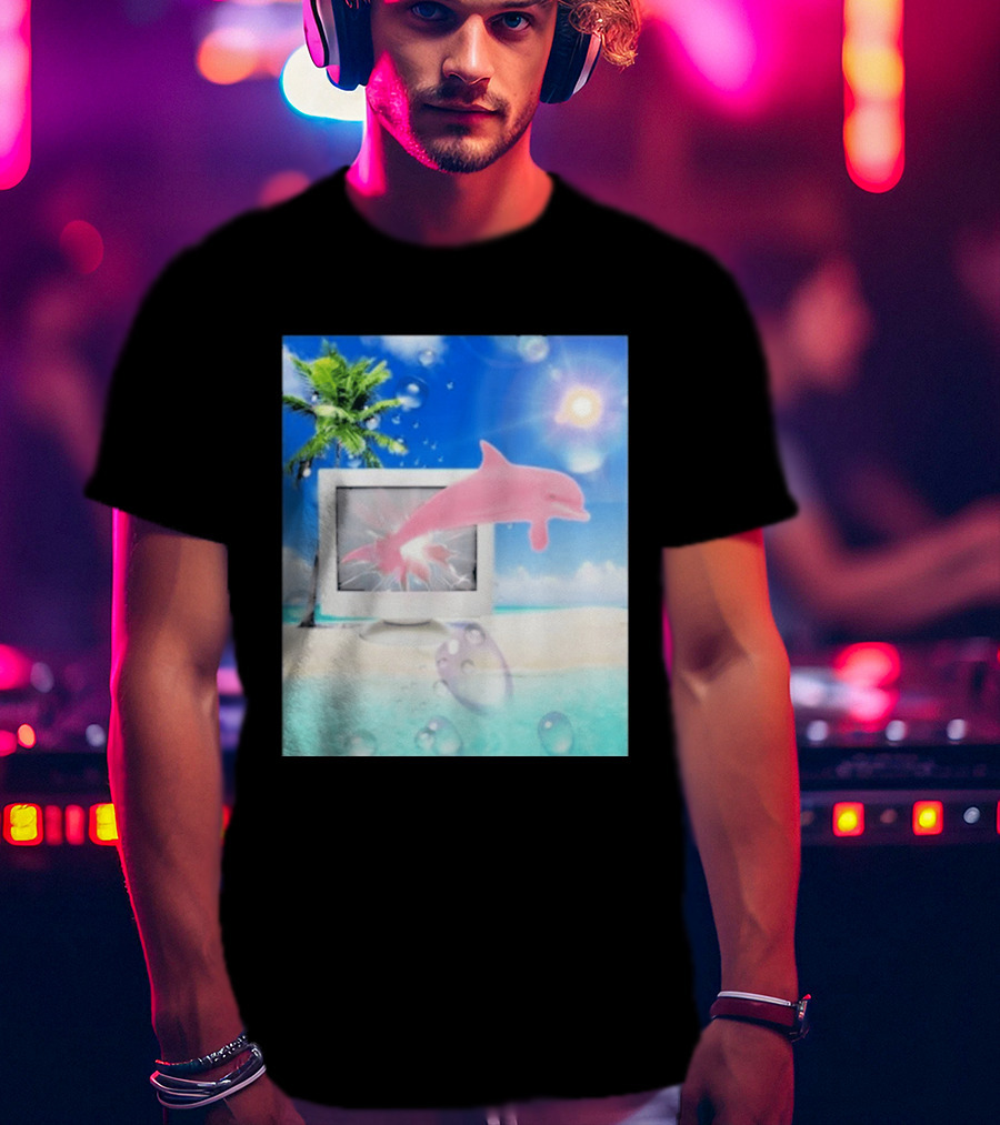 Frutiger Aero Y2k Vaporwave Palm Tree Pink Dolphin Cyberpunk Aesthetic T-Shirt