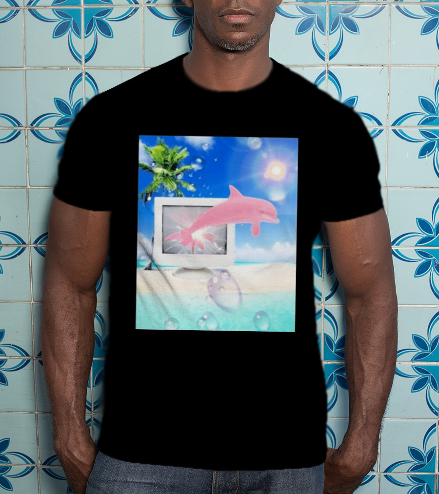 Frutiger Aero Y2k Vaporwave Palm Tree Pink Dolphin Cyberpunk Aesthetic T-Shirt
