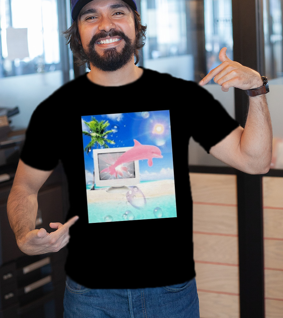 Frutiger Aero Y2k Vaporwave Palm Tree Pink Dolphin Cyberpunk Aesthetic T-Shirt