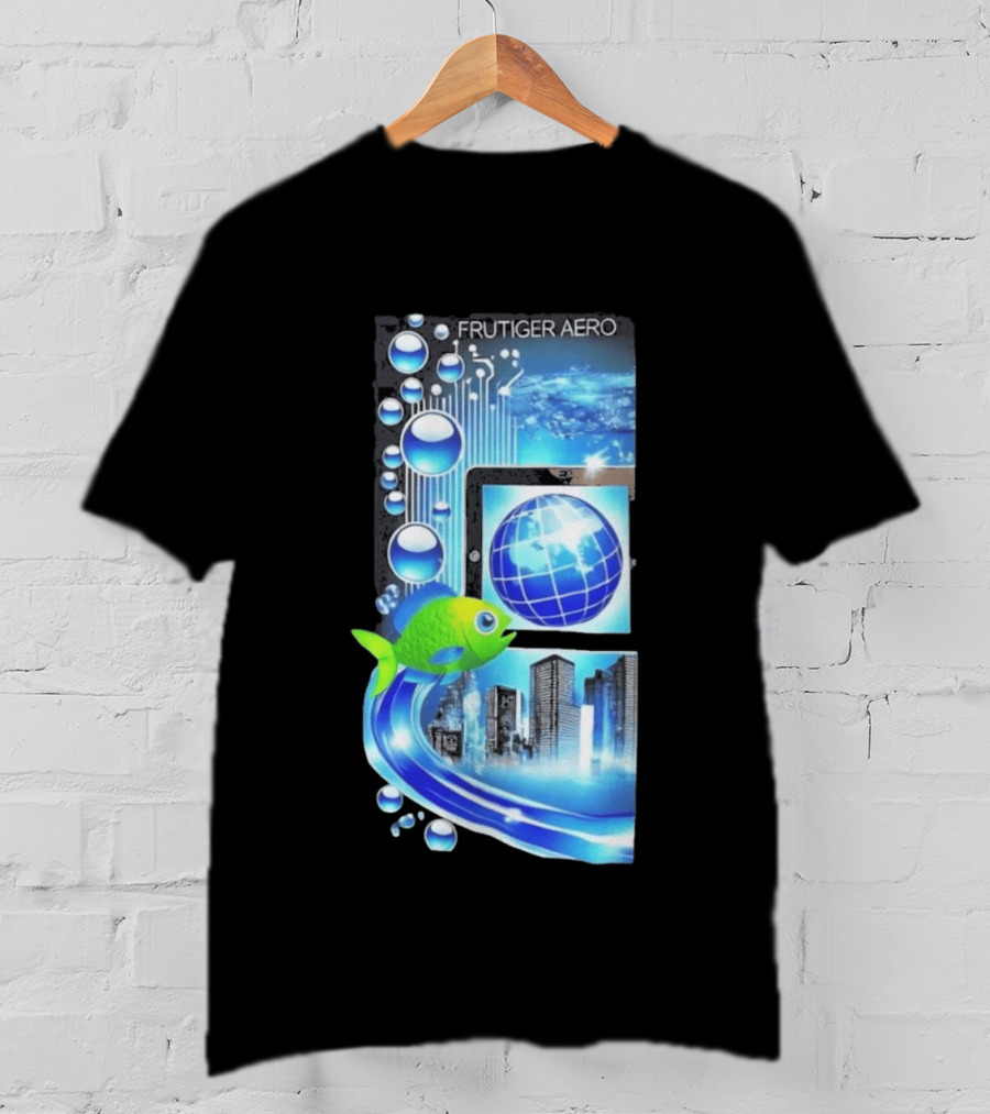 Frutiger Aero Y2K Global Tech Cityscape With Digital Fish And Blue T-Shirt