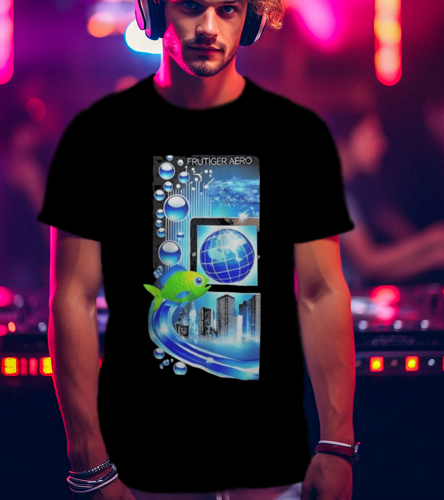 Frutiger Aero Y2K Global Tech Cityscape With Digital Fish And Blue T-Shirt