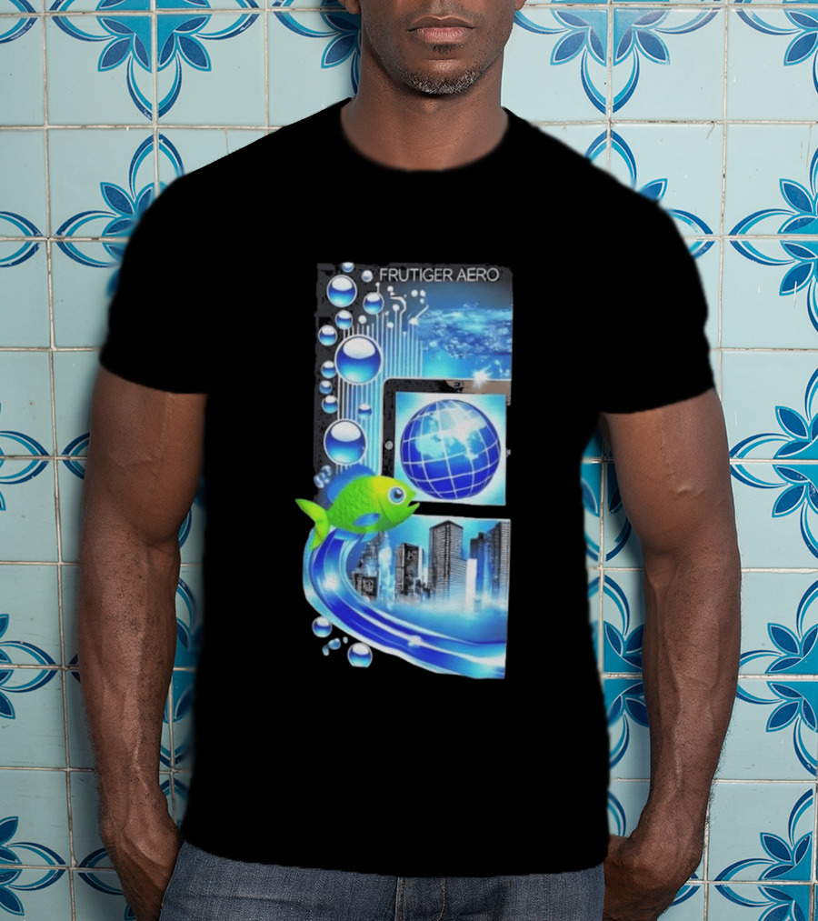Frutiger Aero Y2K Global Tech Cityscape With Digital Fish And Blue T-Shirt
