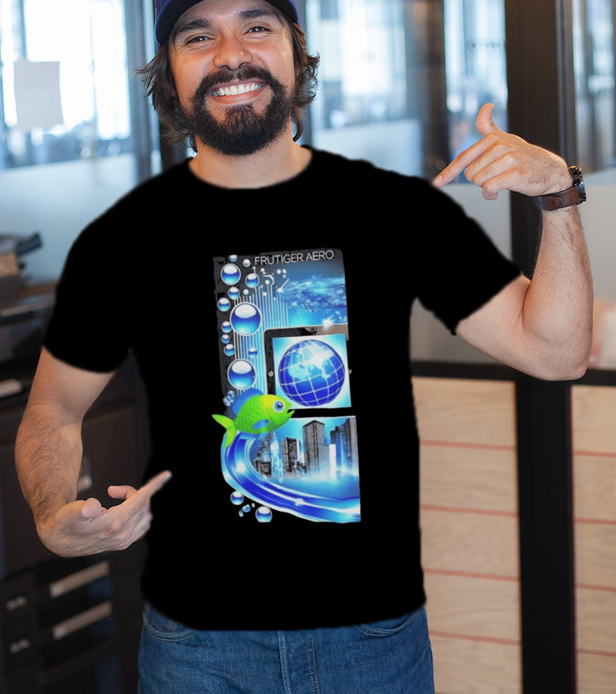 Frutiger Aero Y2K Global Tech Cityscape With Digital Fish And Blue T-Shirt