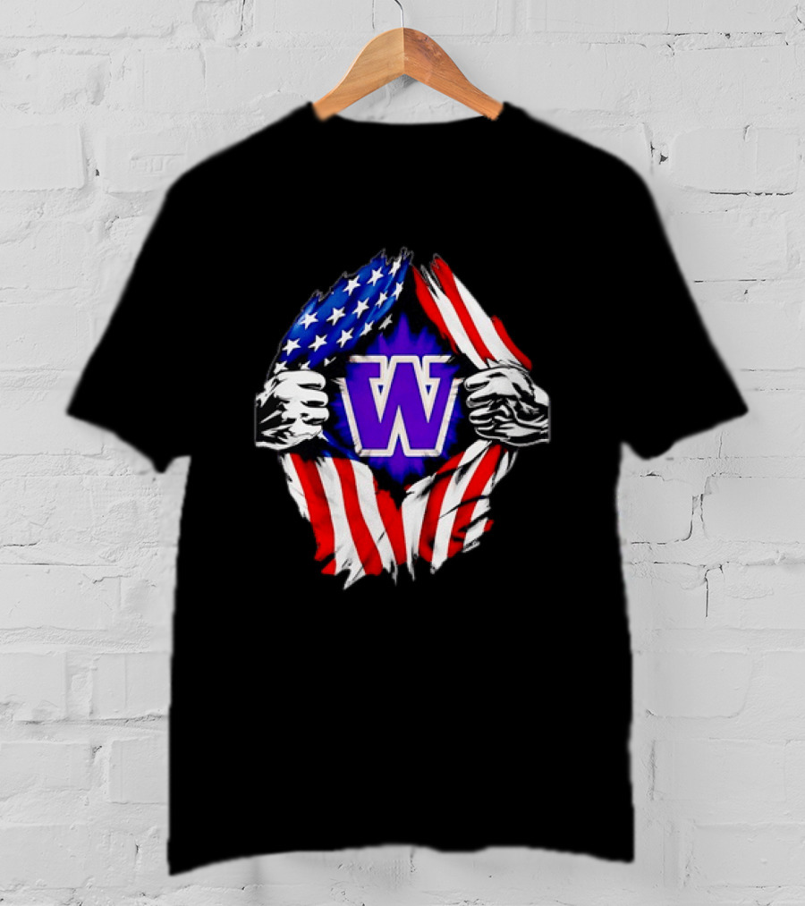 Washington Huskies W Logo American Flag Ripped Chest T-Shirt