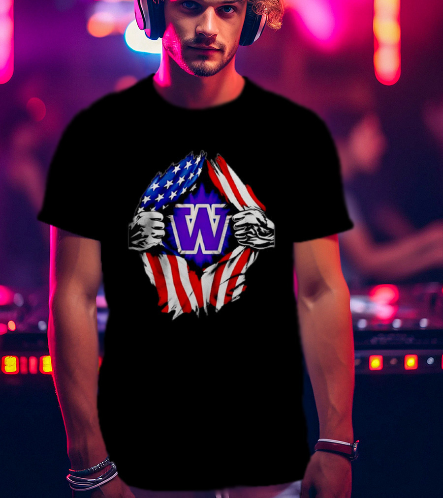 Washington Huskies W Logo American Flag Ripped Chest T-Shirt