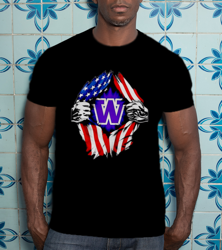 Washington Huskies W Logo American Flag Ripped Chest T-Shirt