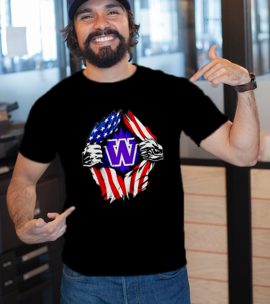 Washington Huskies W Logo American Flag Ripped Chest T-Shirt