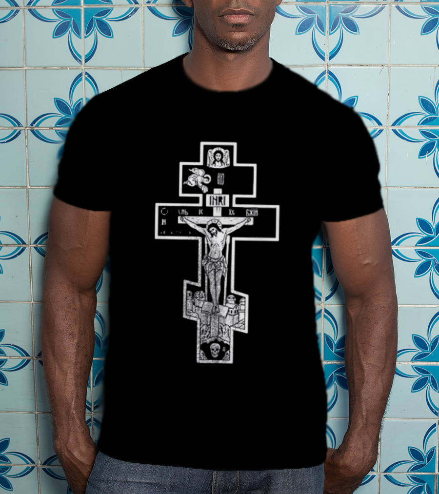 Jesus Christ INRI Crucifixion Symbol With Religious Icons And Figures T-Shirt