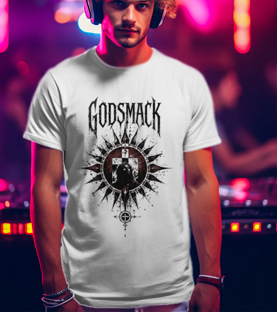 Godsmack X Jesus I Stand Before God Not Perfect Just Forgiven Christian Rock Cross Sun T-Shirt