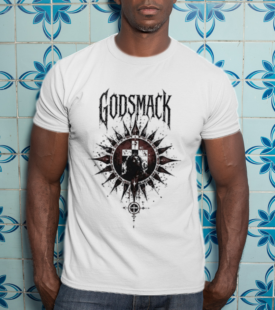 Godsmack X Jesus I Stand Before God Not Perfect Just Forgiven Christian Rock Cross Sun T-Shirt