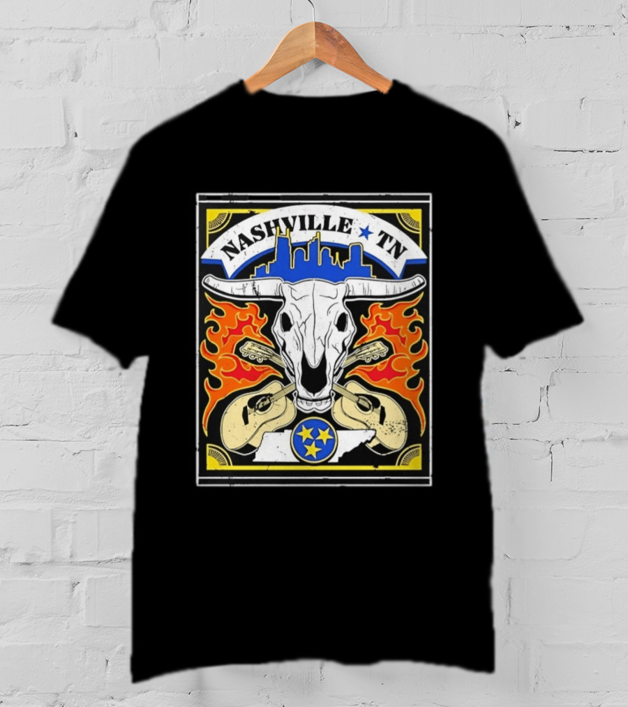 Nashville TN Cow Skull Guitars Flames Skyline Blue Star T-Shirt