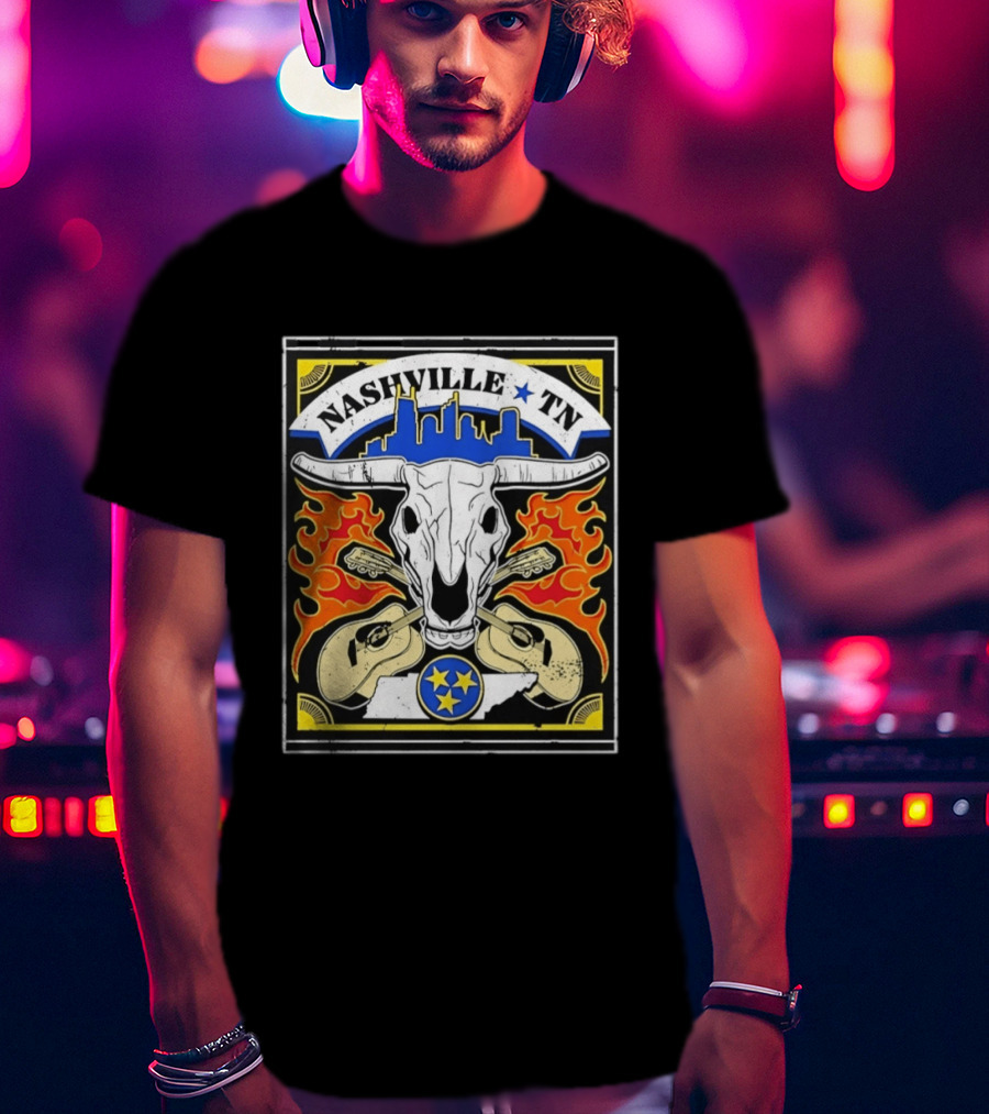 Nashville TN Cow Skull Guitars Flames Skyline Blue Star T-Shirt