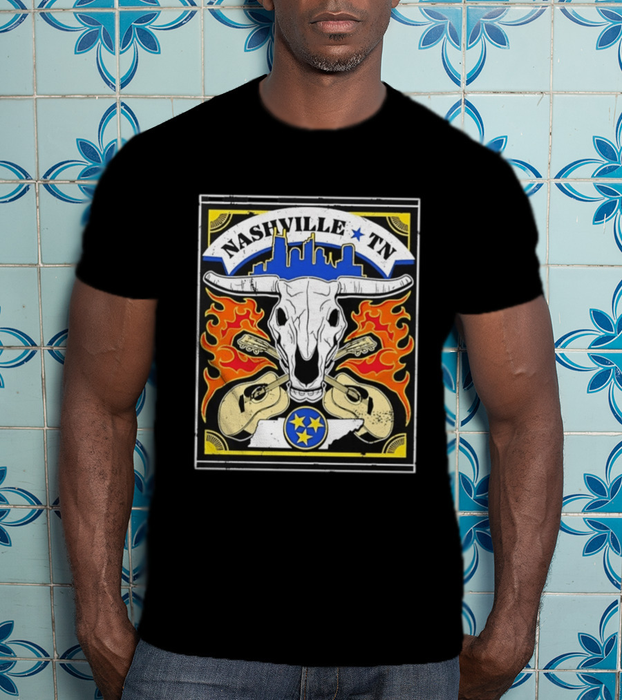 Nashville TN Cow Skull Guitars Flames Skyline Blue Star T-Shirt