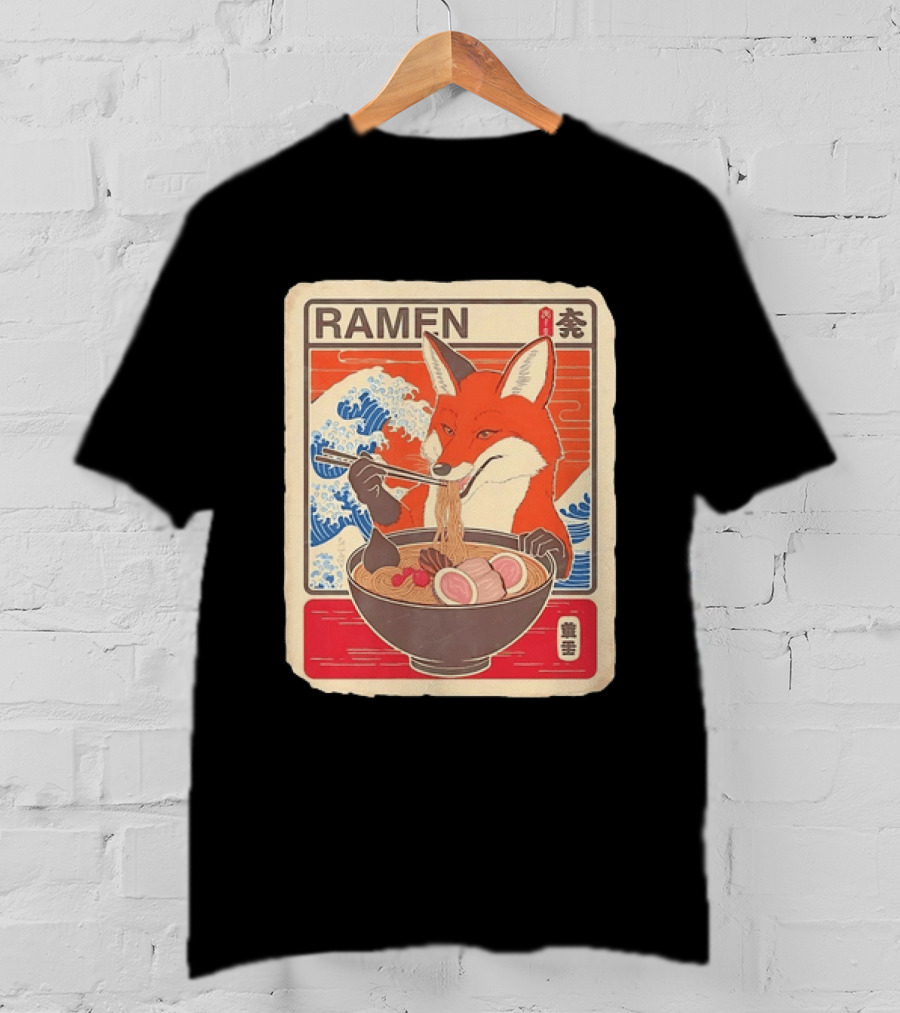 Fox Eating Ramen With Japanese Wave T-Shirt