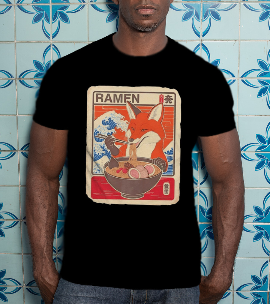 Fox Eating Ramen With Japanese Wave T-Shirt