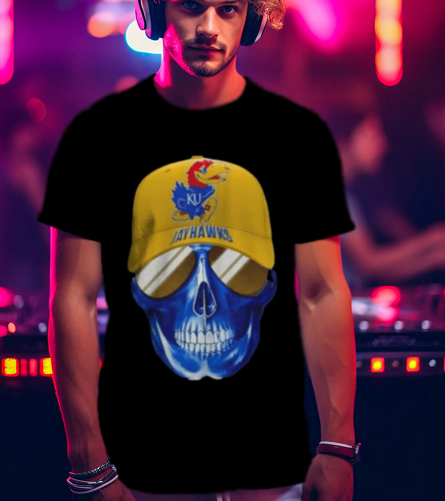 Kansas Jayhawks Skull Cap Fans Wear KU Jayhawks Edition T-Shirt