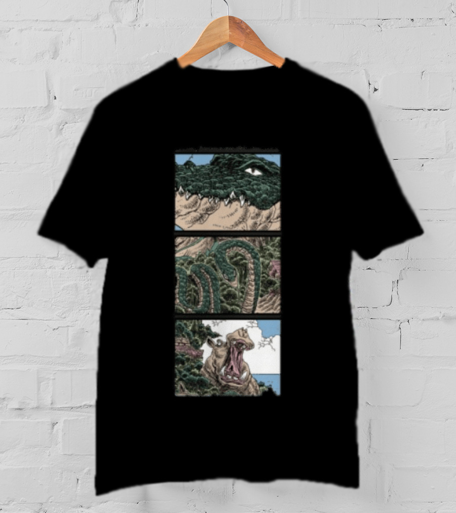 The Longest Johns Store Ends Of The Earth UK Tour Black Crocodile And Dinosaur Comic Strip T-Shirt